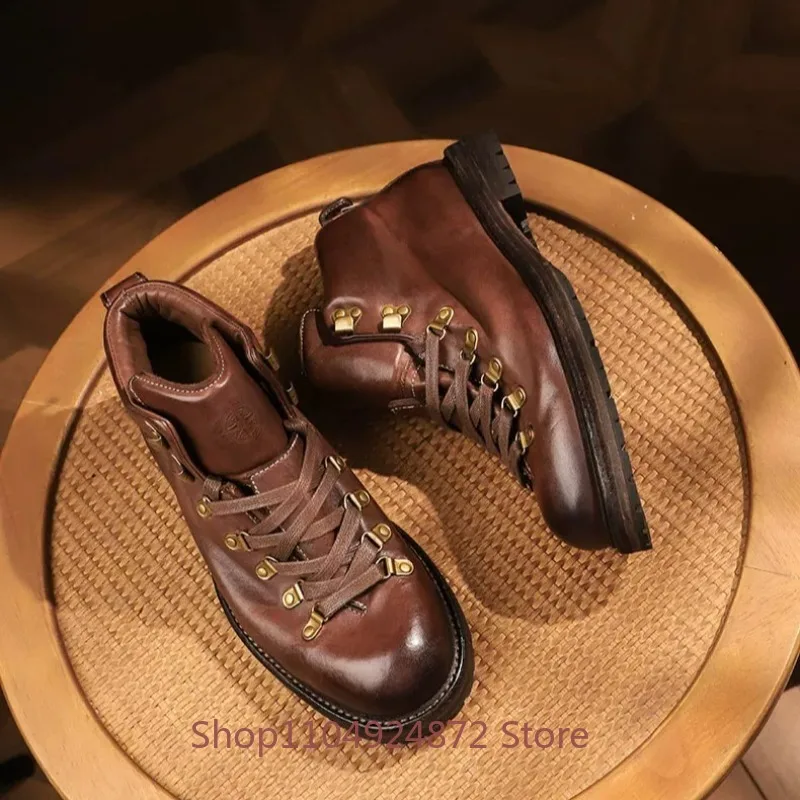 Handmade Retro Horsehide Desert Western Boots Men's Shoes Genuine Leather Work Motorcycle Boots Male Outdoor Ankle Boots