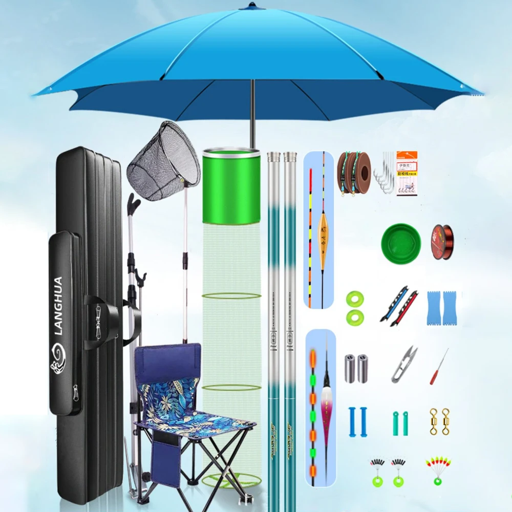 Kit Completo de Accesorios de Pesca con Caña de Pescar de 3.6m, Silla, Cubo, Bolsa, Sombrilla, Protector de Peces, Línea, Red, Anzuelos y Herramientas de Pesca