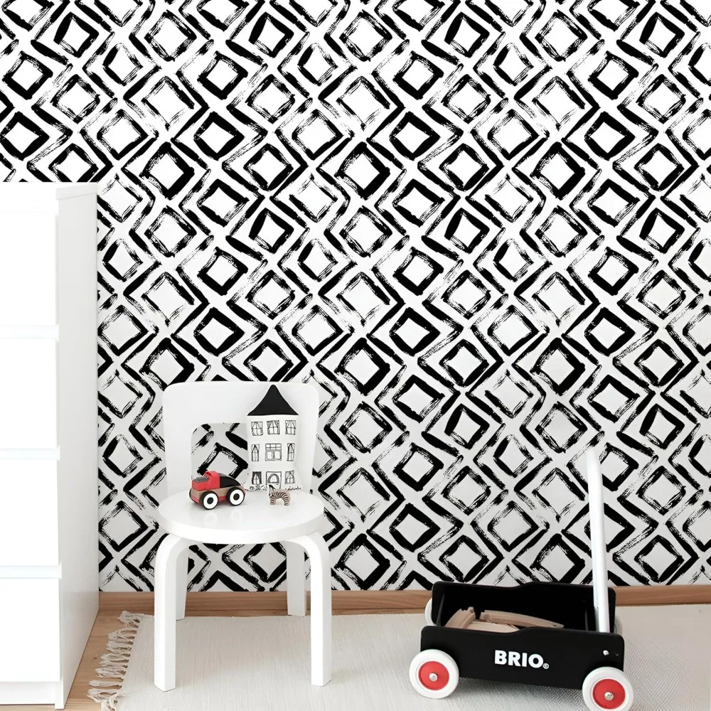 ورق جدران من الفينيل قابل للإزالة بنمط هندسي أبيض وأسود لديكور غرفة النوم وغرفة المعيشة