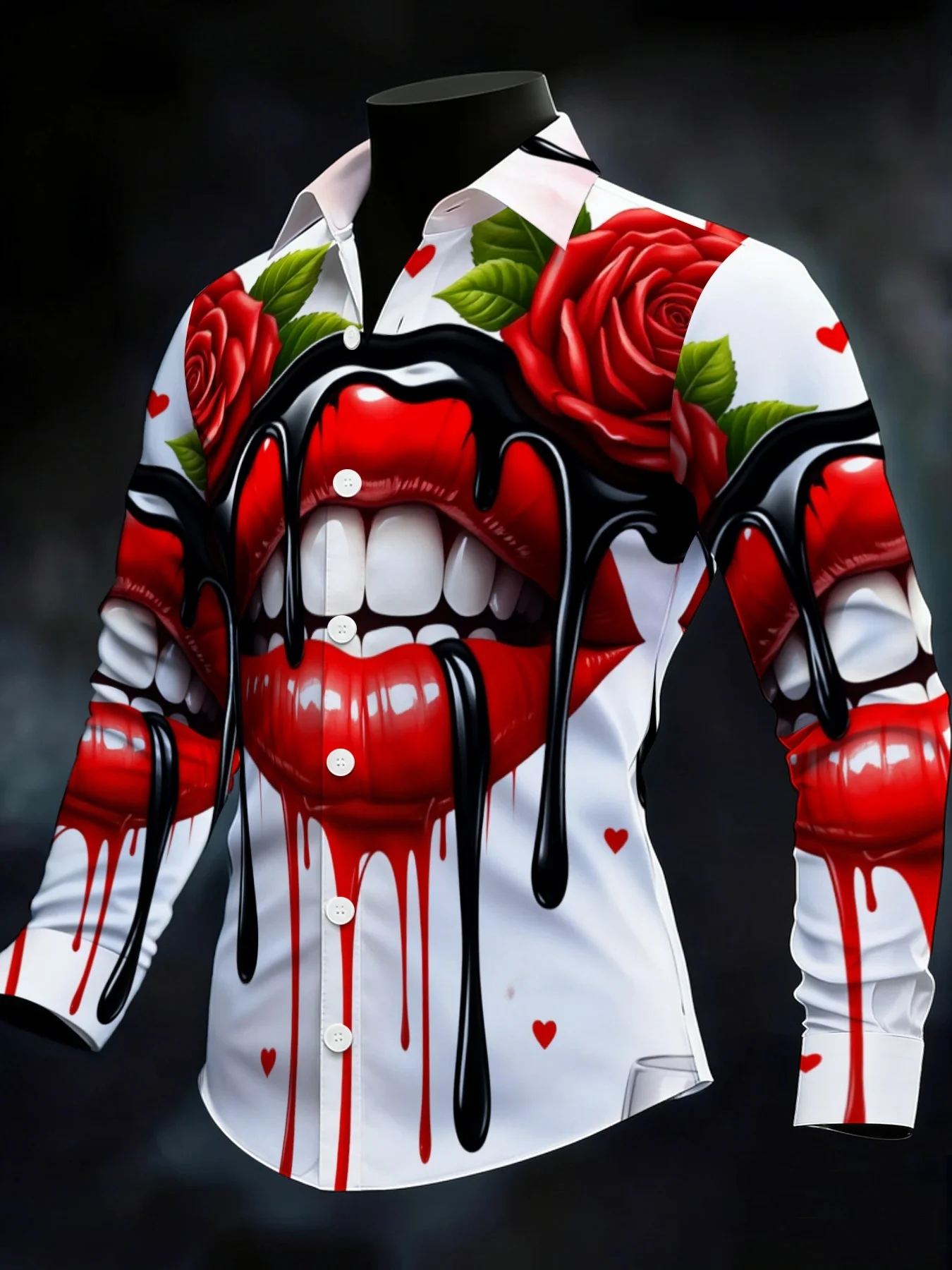 Men Long-Sleeve Button-Down Shirt White Red Lip Drip Rose Heart Print Polyester Lapel Collar Party Top