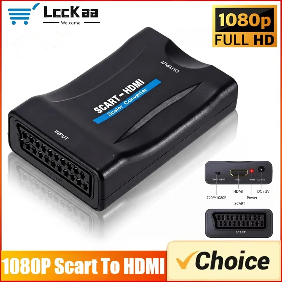 1080P SCART To HDMI-compatible with Supply Cable Audio Video Upscale Adapter Converter Plug and Play for HDTV Sky Box STB DVD