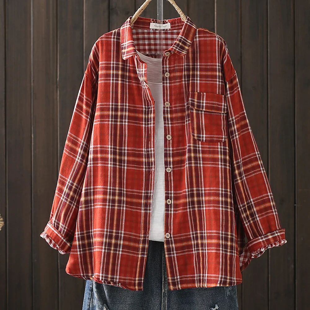 Large size blouses long sleeve 100% cotton yarn red plaid blouses for women fashion 2024 lapel checkered shirts y2k tops