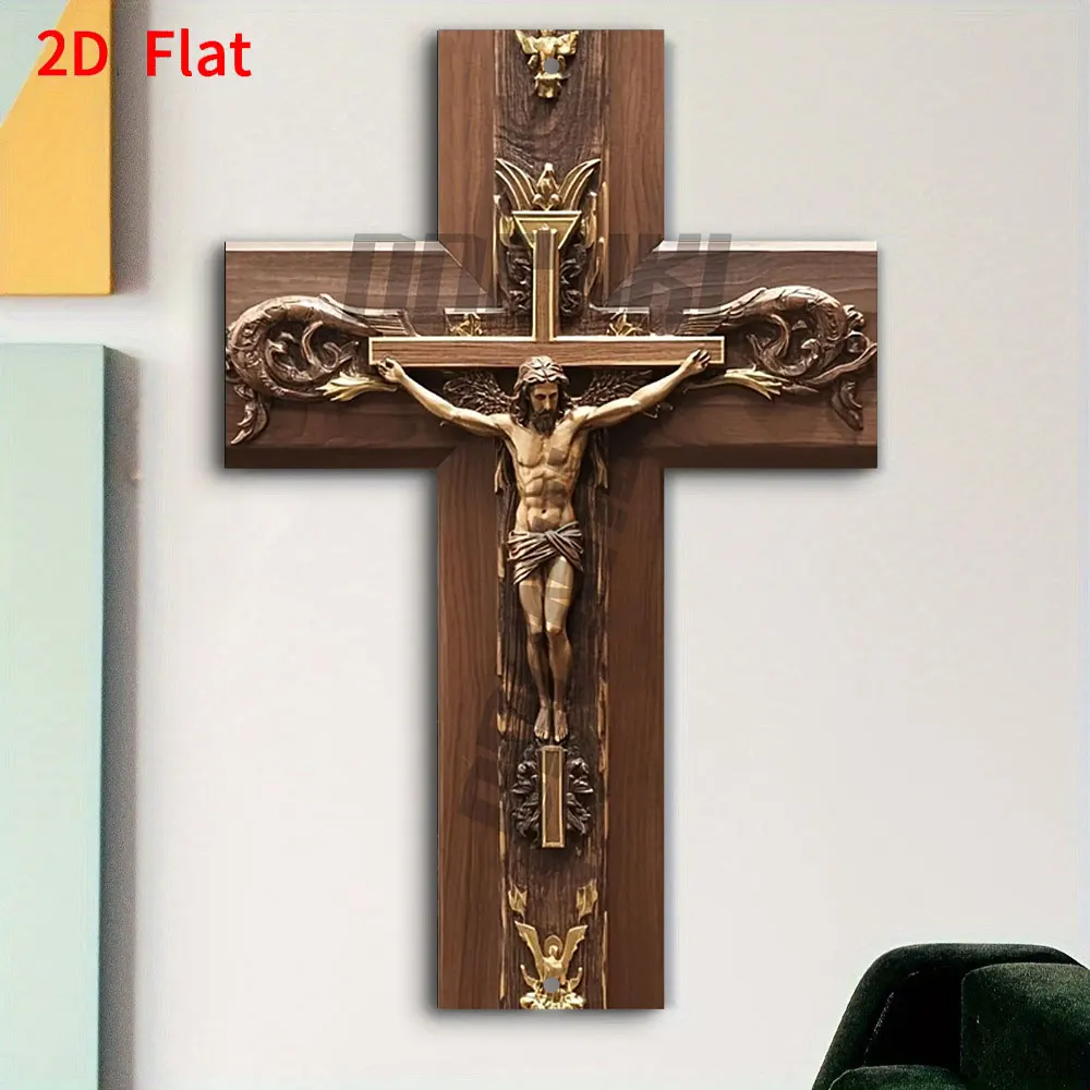 1pc Ornate Detailing | Vintage Metal Cross Wall Hanging - Intricate Jesus Christ Crucifixion Design with Golden Swirls & Vines