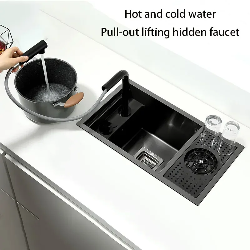 Black Hidden  Kitchen sink Single bowl Bar Small Size  Stainless Steel Balcony  Concealed With cup washer