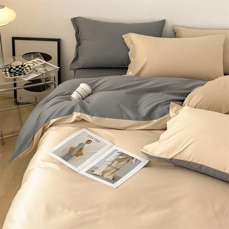 High-Quality Bedding Set,Solid Color Duvet Cover with Zipper, Pillow Sham with Button, Flat Sheet,Bed Set,MilkTea Color