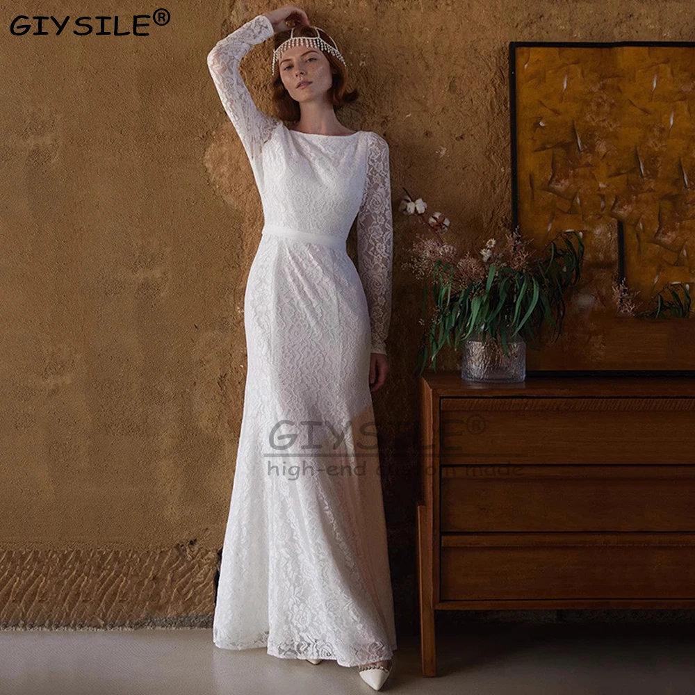 

GIYSILE Customized White Retro Lace Wedding Dresses Luxury 2025 Sexy Backless Long Sleeve Thin Waist Strap Mermaid Dress Gowns