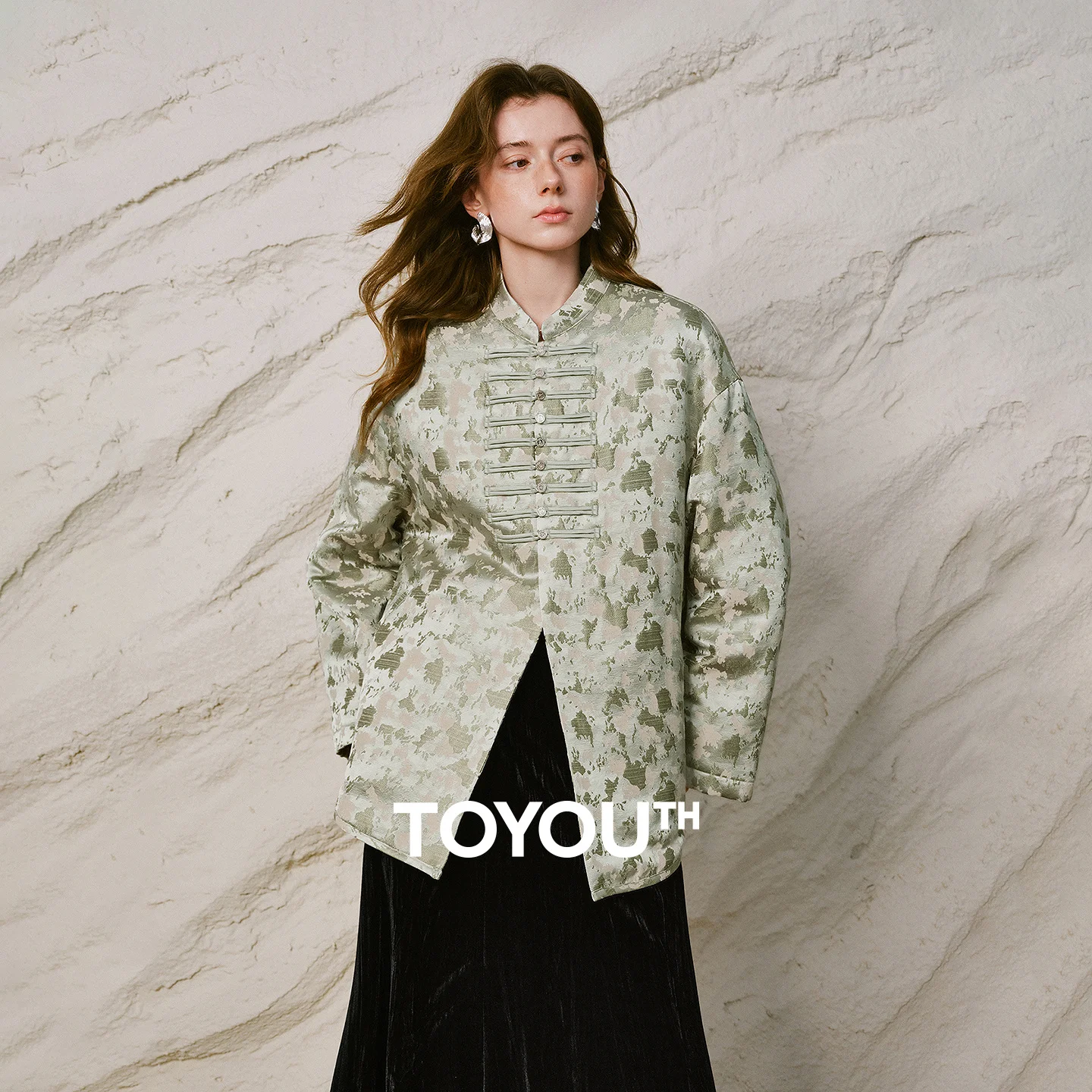 TOYOUTH Women  Coat 2026 Winter New Sage Green Satin Jacquard Stand Collar Frog Button Outerwear