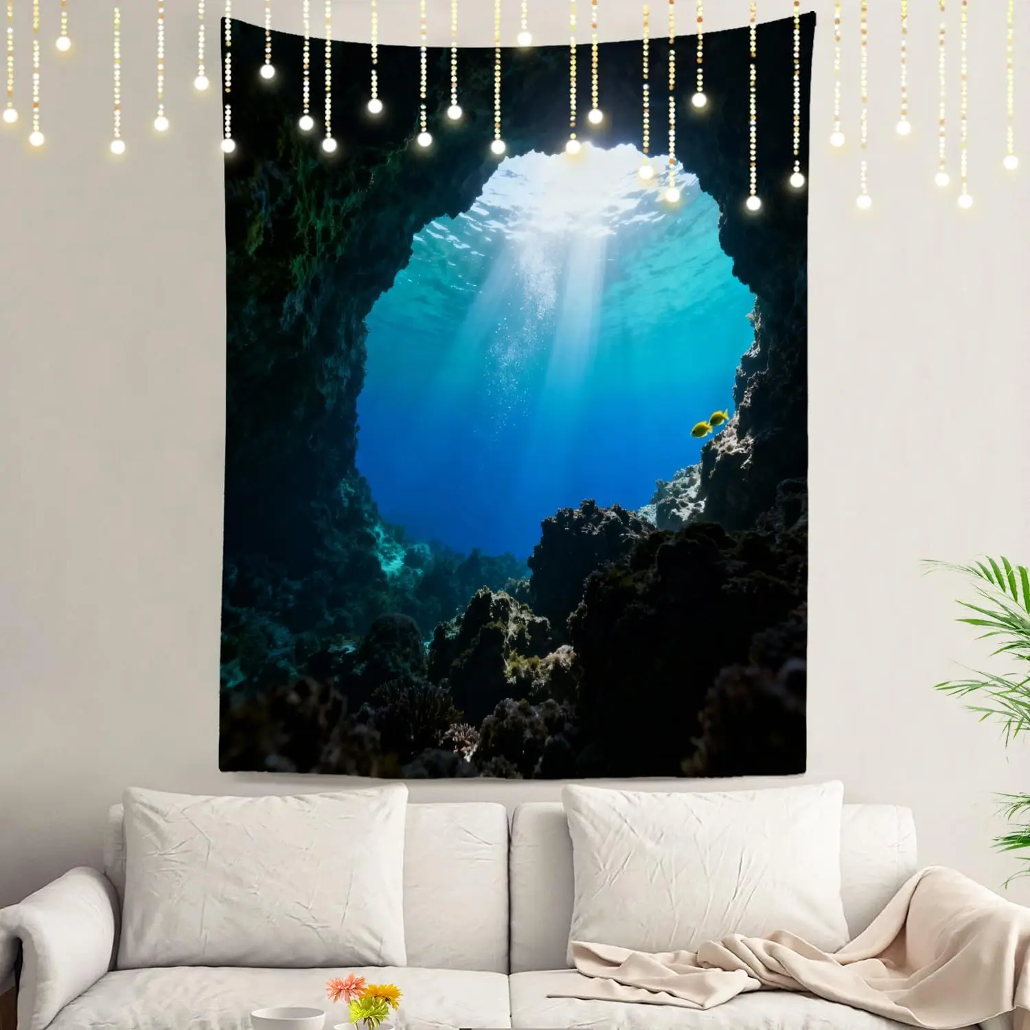Deep Sea Cave Tapestry, Mystical Underwater View with Sunlight Beams and Yellow Fish Wall Hanging, Perfect For Adding Calm