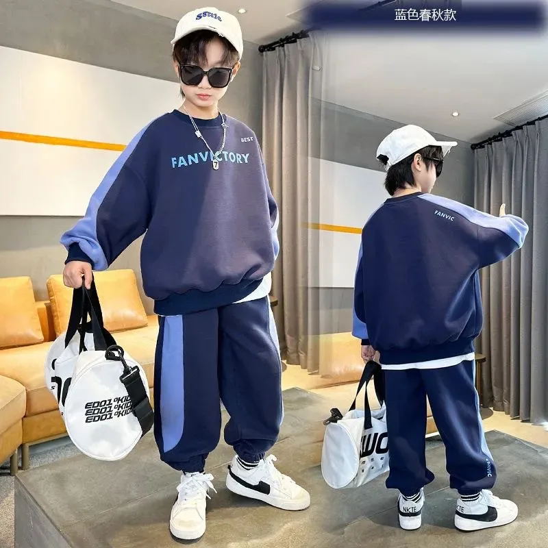 Set pakaian anak laki-laki 2 potong, kaus Pullover + celana olahraga katun, pakaian anak-anak laki-laki