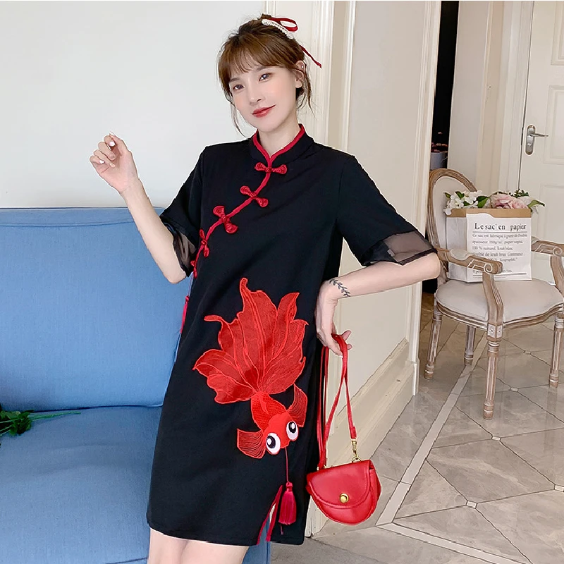 Qipao negro mejorado para mujer, Vestido Chino Cheongsam bordado de pez dorado rojo, estilo tradicional, bata oriental