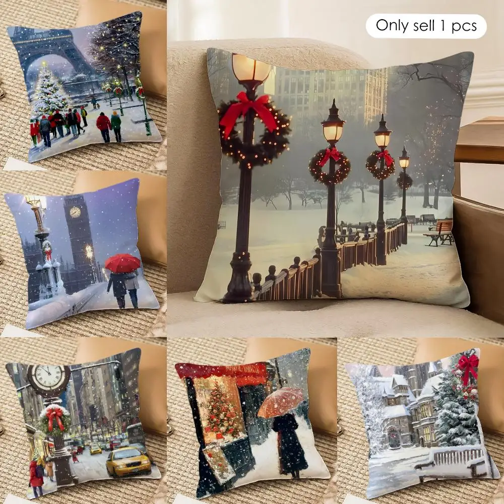 World Landmark Christmas Cushion Cover Silky Short Plush Invisible Zipper Dustproof Sofa Pillow Case For Home Decor