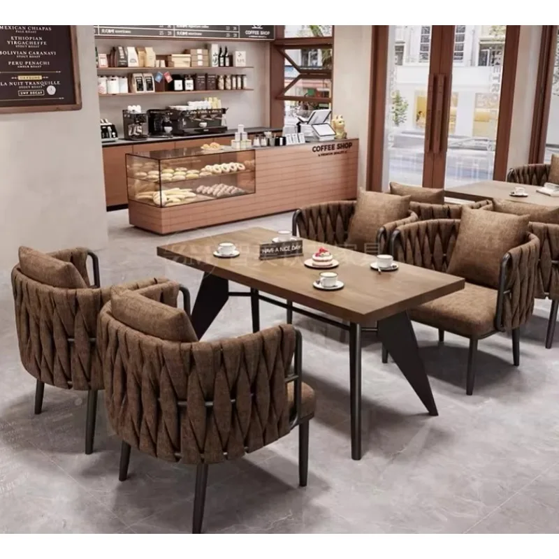 Modern Industrial Coffee Shop Furniture Set Unique Woven Braided Backrest Chairs Wooden Dining Table For Cafe Bakery Table And
