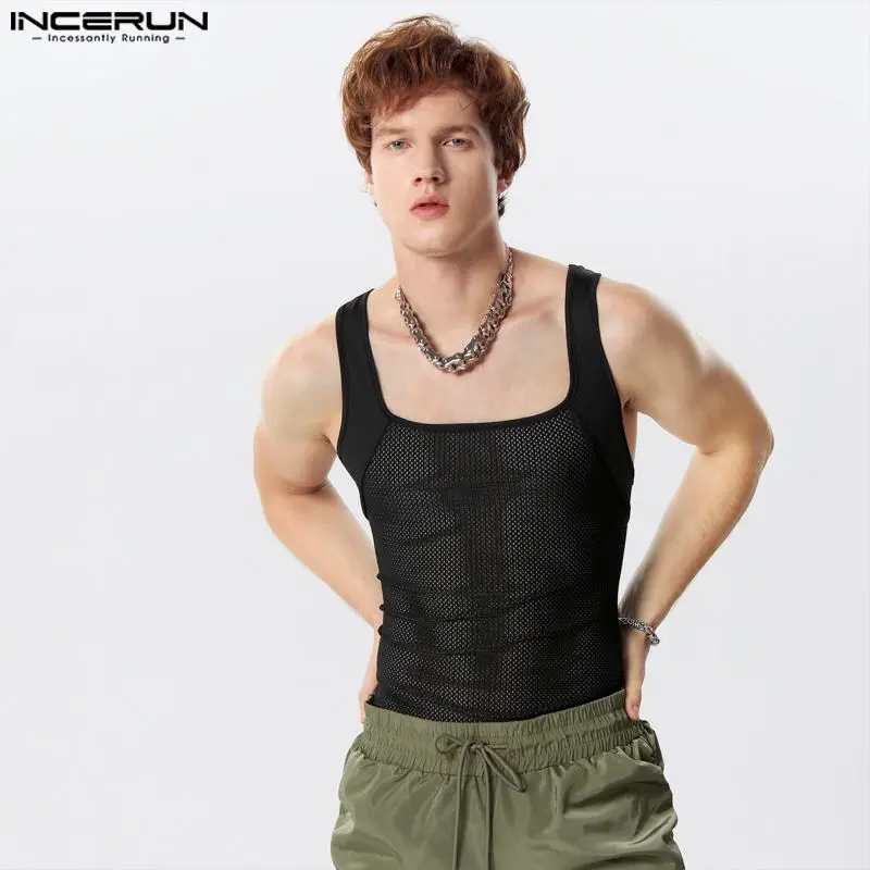 2024 Men Tank Tops Patchwork O-neck Sleeveless Skinny Male Vests Streetwear Hollow Out Summer Fashion Men Clothing S-5XL INCERUN