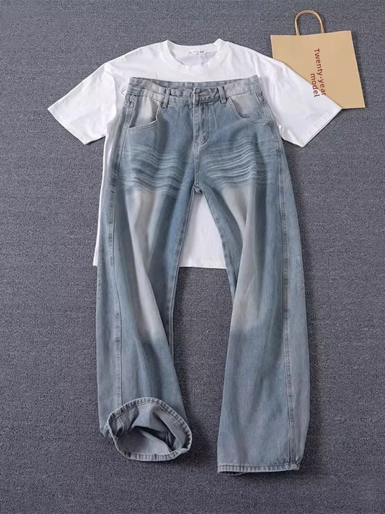 

Waed Blue Men's Bell Bot Jeans Straight Leg Retro American Sle Slimming Long Trousers Casual Wear mid Waist Zipper