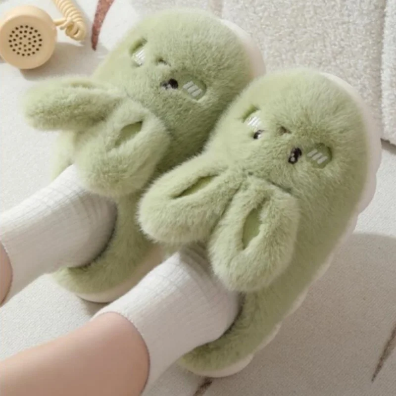 Zapatillas de algodón de conejo cálidas y bonitas para parejas de invierno, sandalias suaves informales con Orejas de conejo para interiores para hombres y mujeres, chanclas suaves de felpa bonitas