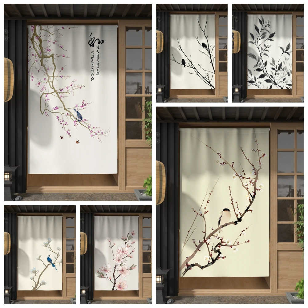 Chinese Flower Bird Noren Plum Blossom Landscape Painting for Traditional Tea Room Decor Linen Single Piece Hanging Door Curtain