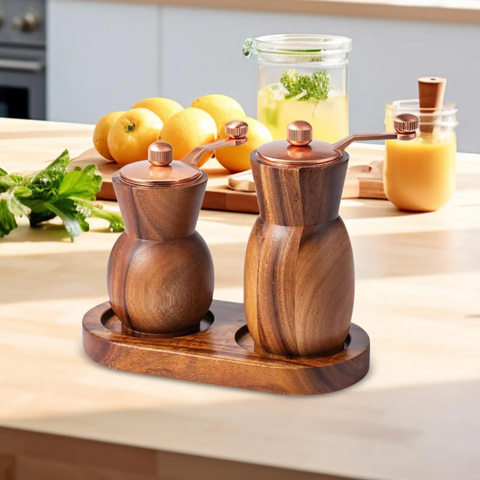 2 Piece Wooden Salt And Pepper Shaker Set, Salt And Pepper Mill with Tray,