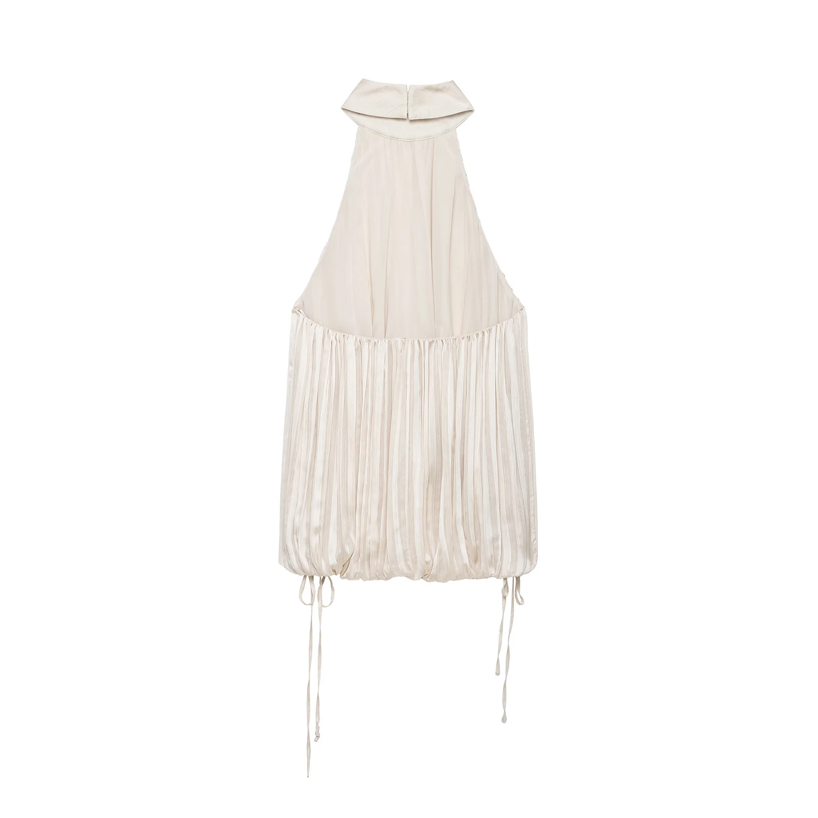 Fanan Women Fashion Beige Pleated Lace Up Backless Tank Tops Vintage Halter Neck Sleeveless Female Chic Lady Tops