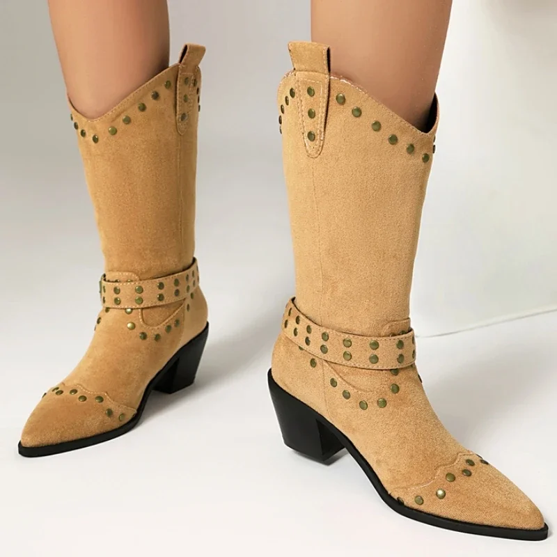 

Suede Women's Mid-calf Boots New 2026 Winter Black Brown Beige Riding Boot Heel Slip On Rivets Footwear Shoes Lady Big Size 48