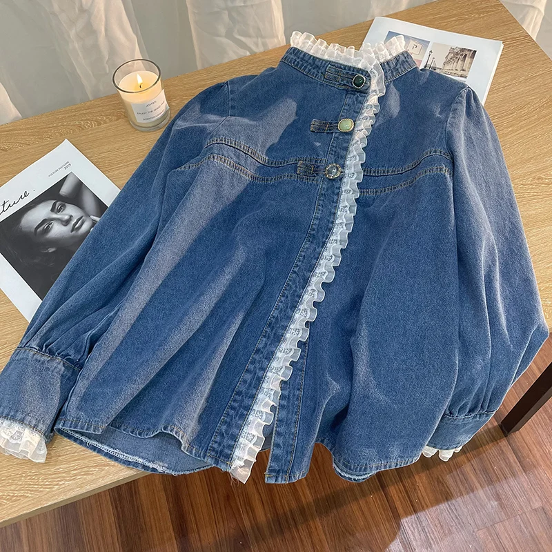 Oversized Women\'s Lace Patchwork Denim Shirt Spring Autumn Single Breasted Loose Basic Coat Female Korean Long Sleeve Tops