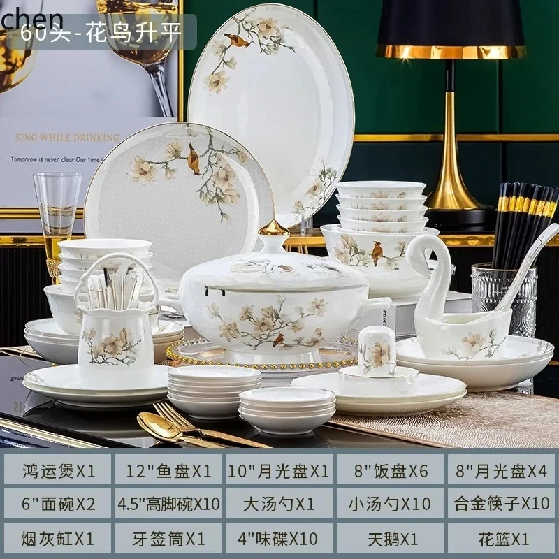 Gold Edge Bone Porcelain Tableware Set Full Kit Bowls Plates Spoons Chopsticks Gift