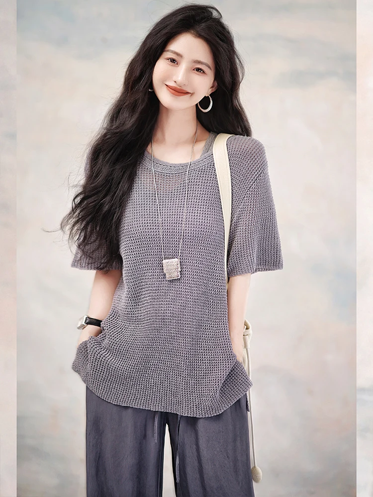 

Вязаный свитер Zhao Daxi с вырезами, круглым вырезом горловины, простой летний топ для женщин, модный тренд