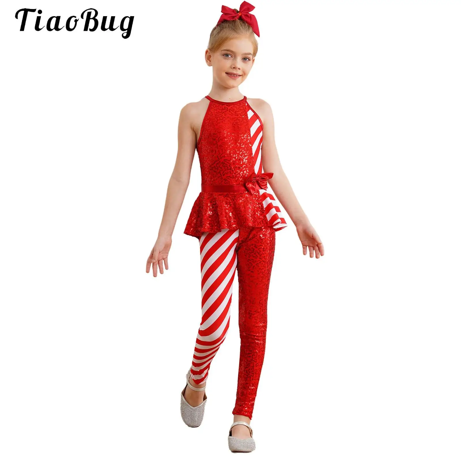 Girls Christmas Candy Cane Striped Sequins Jumpsuits Tutu Skirted Bodysuit Unitard Ballet Skating Gymnastics Leotard Costume