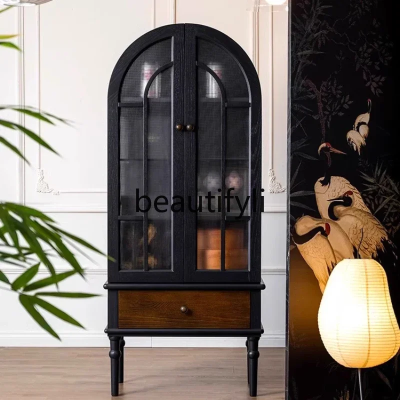 E182 American retro solid wood, arched display cabinet French antique living room, storage, storage cabinet