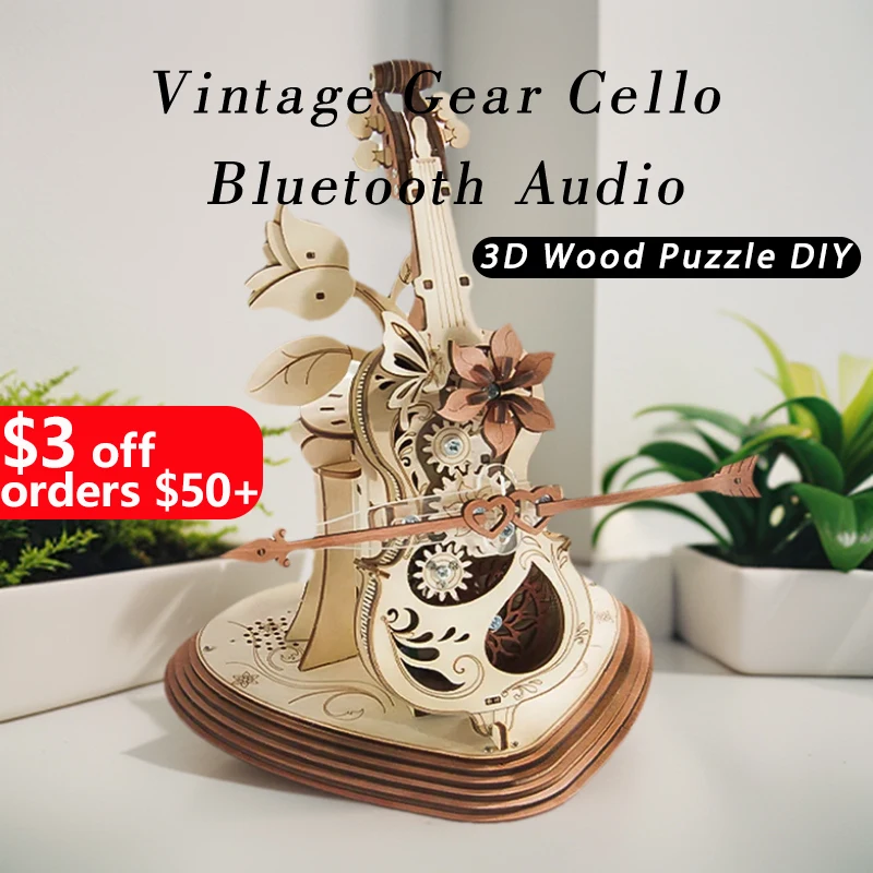 

3D music Box Wooden Mechanical Puzzle DIY Cello Music Instrument Toys USB Charging Bluetooth Connect Warm Light for Kid's Gifts