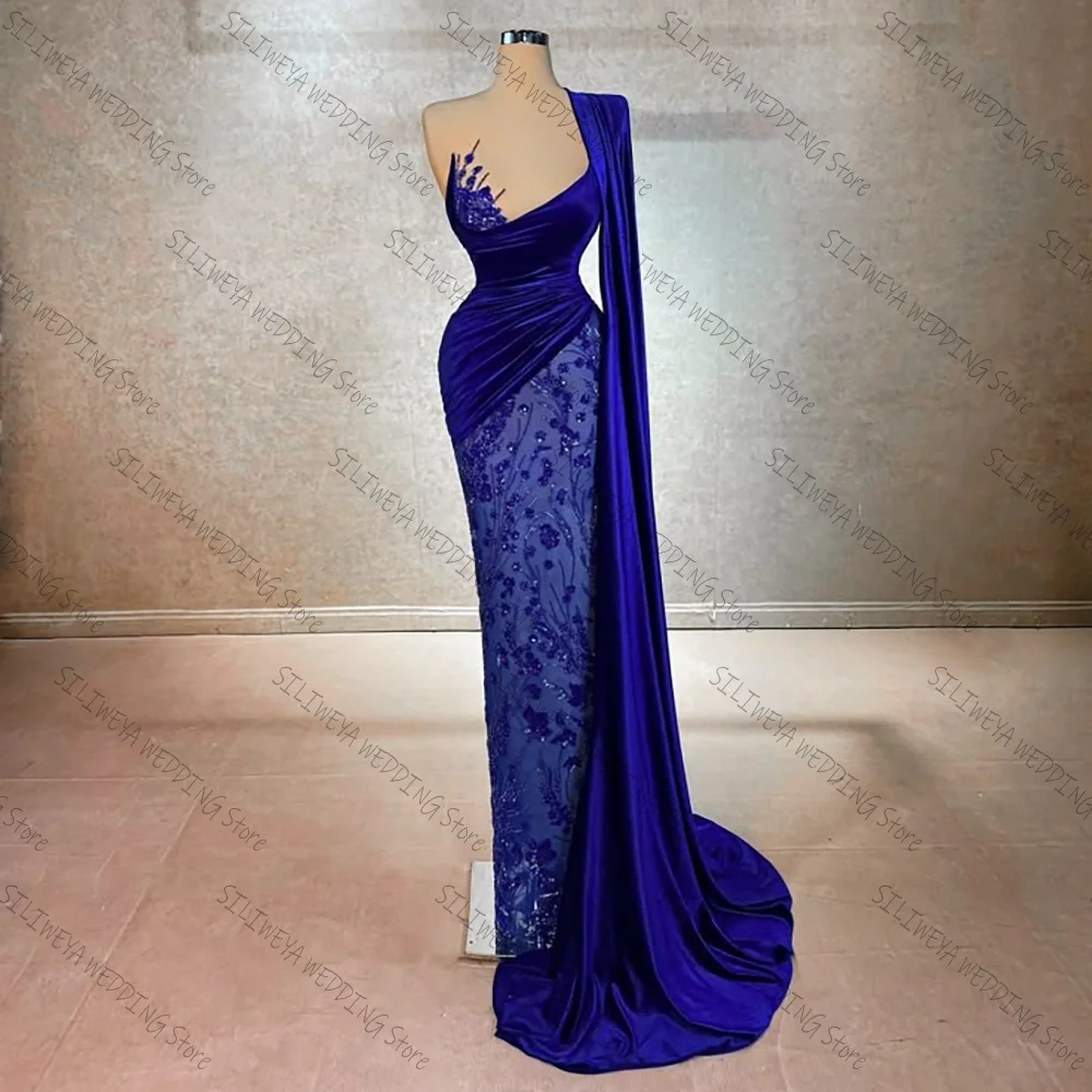 

Luxury Royal Blue One Shoulder Evening Dress Chic Prom Gown Robes De Soirée Customized Dresses