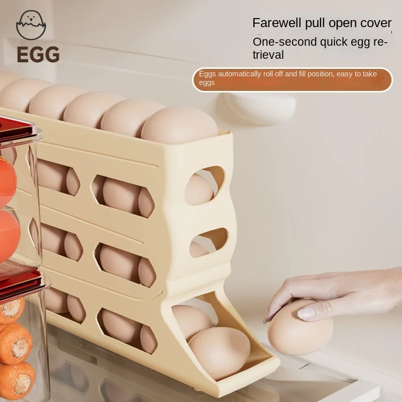 Refrigerator-specific rolling storage box for eggs, food-grade automatic sliding egg tray for egg storage rack, egg storage tool
