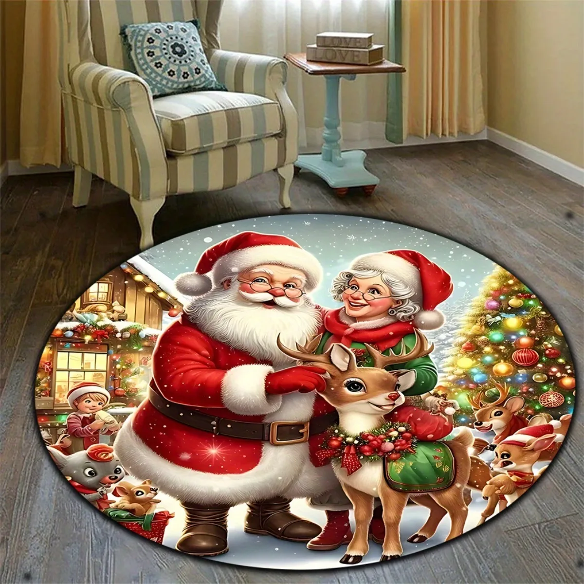 Santa Reindeer Family Joyful Carpet For Holiday Gathering Cute Character Design Soft Touch Round Rug