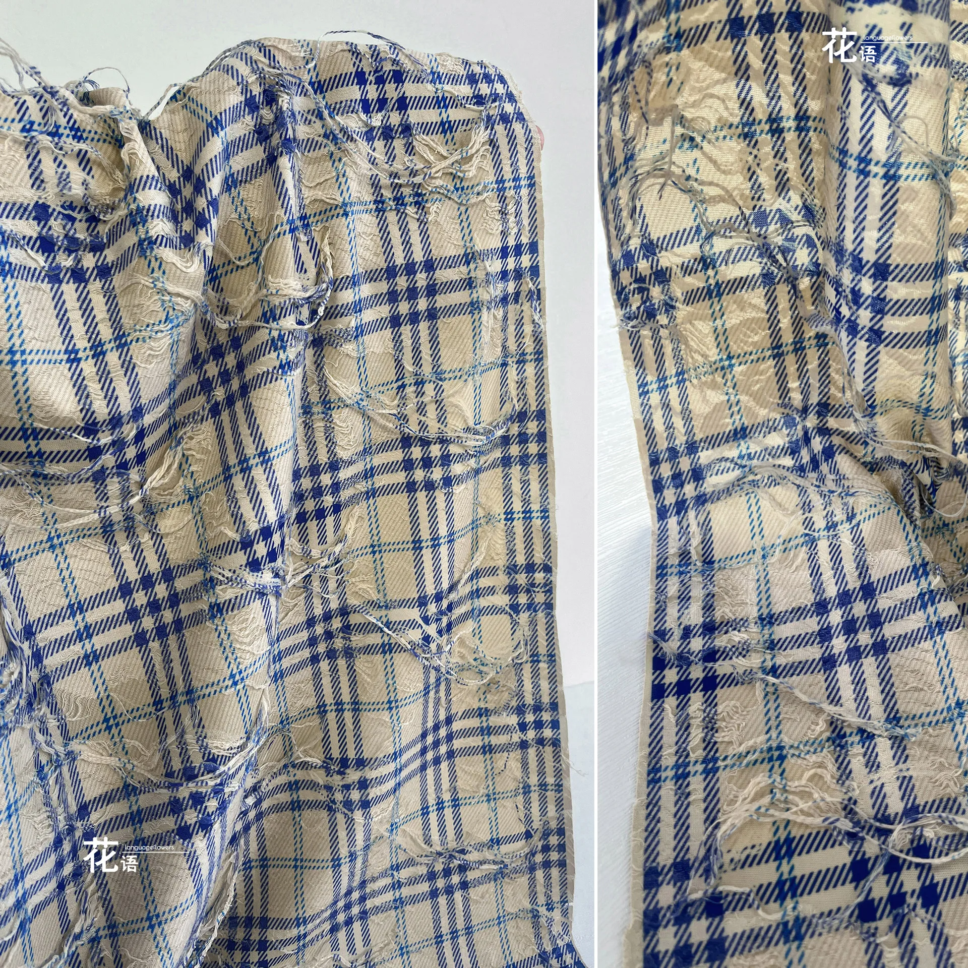 Distressed Check Rayon Knit Designer Fabric Fringed Texture for Creative Skirts, Textile Art and Custom Garment Projects