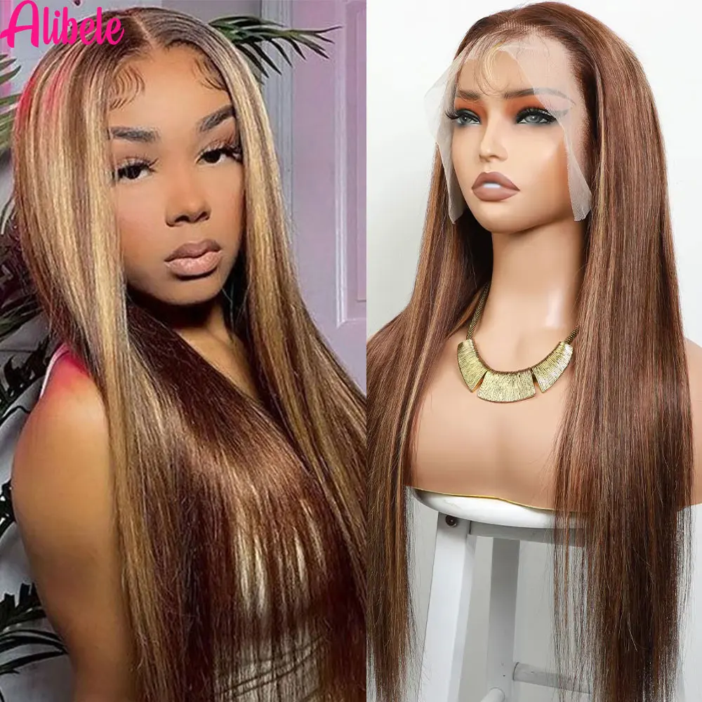 

Highlight Wig Alibele Hair Ombre Honey Blonde Brown Wig 13x4 Lace Frontal Wig P4/27 Colored Wigs For Women Transparent Lace Wig