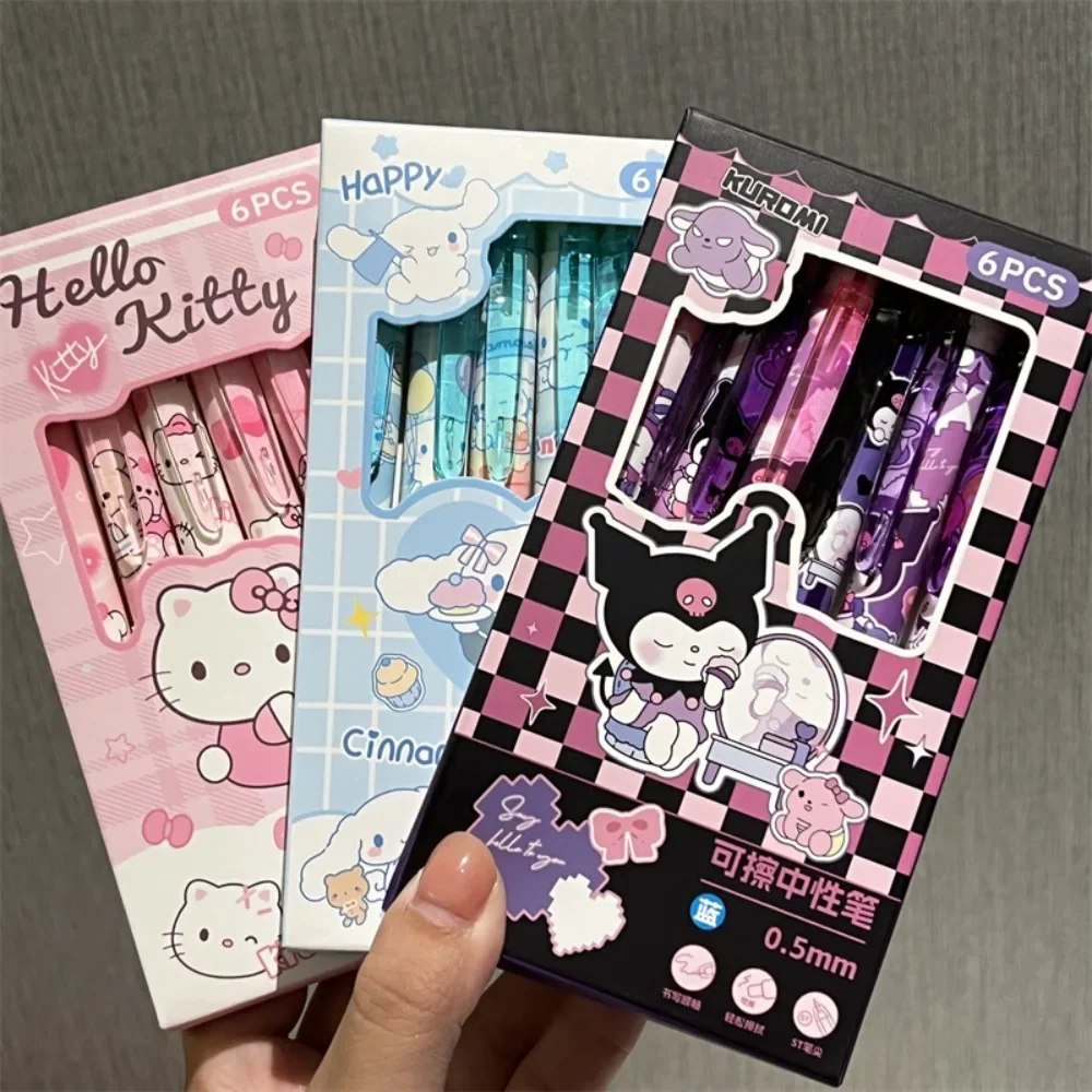 

6pcs/box Anime Peripheral Kawaii Cute Hello Kitty Kuromi Cartoon Pupil Diary Examination Gel Pen Study Stationery Festivals Gift