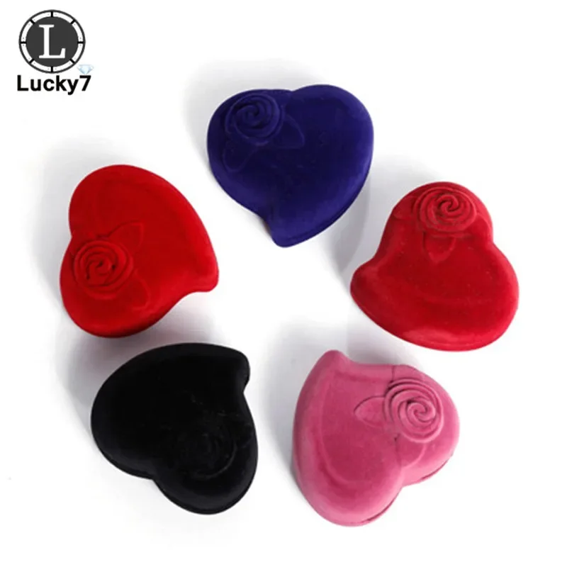 Heart Shape Velvet Ring Box Engagement Wedding Jewelry Boxes Rose Flower Design Gifts Holder for Lover Wholesale