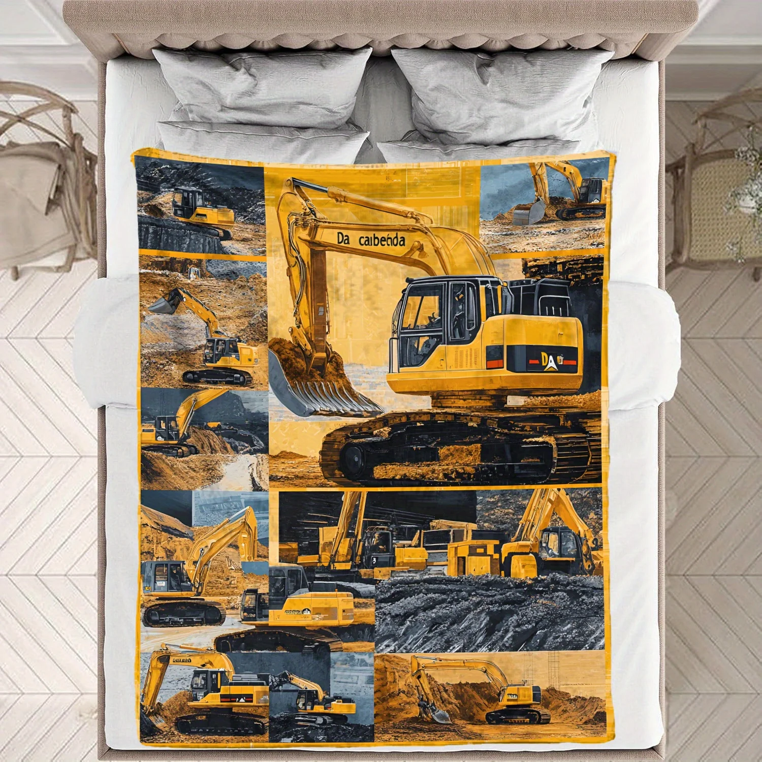 Cozy Yellow Excavator & Construction Site Print Flannel Blanket – Soft Polyester Throw with Vibrant Engineering Design, Perfect
