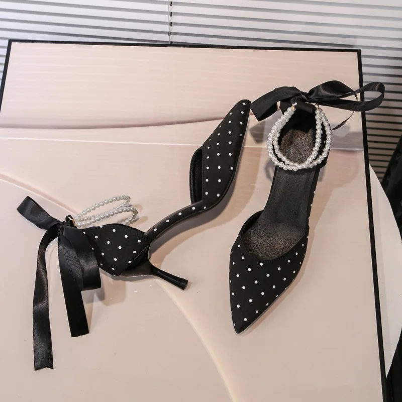 Spring Fashion French Polka Dot Women's Sandals Luxurious Beaded Designer High Heels New Comfortable Ribbon Stiletto Sandals
