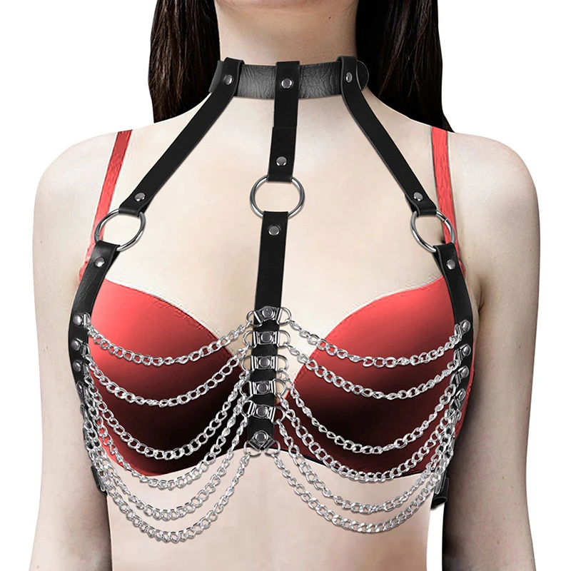 

Women Girls Punk Black Leather Chest Harness Body Waist Chain Belt Rave Nightclub Sexy Gothic Belly Bra Jewelry Accessory Prom