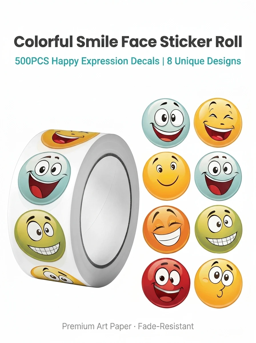 500Pcs/Roll Cute Funning Face Paste Sticker 2.5cm/1.0'' 16 Designs Decals Diy Adorn Gifts Suitable for Various Gift Packaging