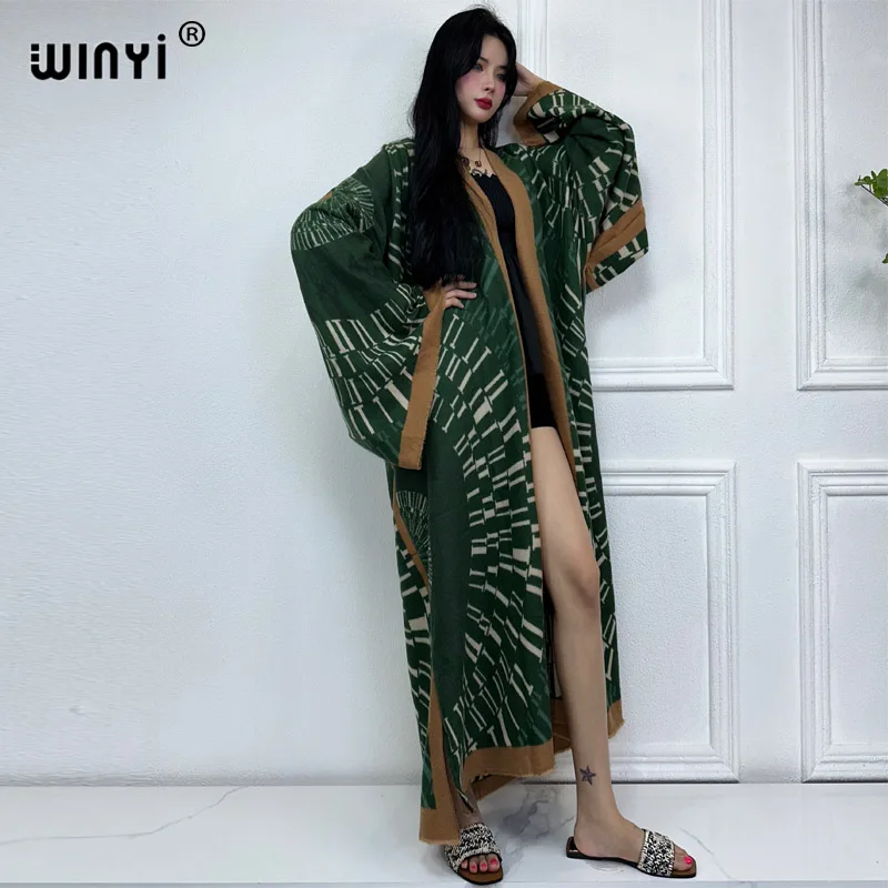 

WINYI kimono winter dress for women Africa print Luxury Fur OverCoat Thick Warm coat fashion cardigan Middle East winter abaya