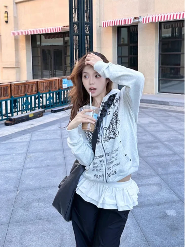 الأمريكية خمر رسالة مطبوعة الأبيض مقنعين البلوز 2025 الخريف الشتاء بلوزة جديدة للنساء فضفاضة طويلة الأكمام معطف غير رسمي