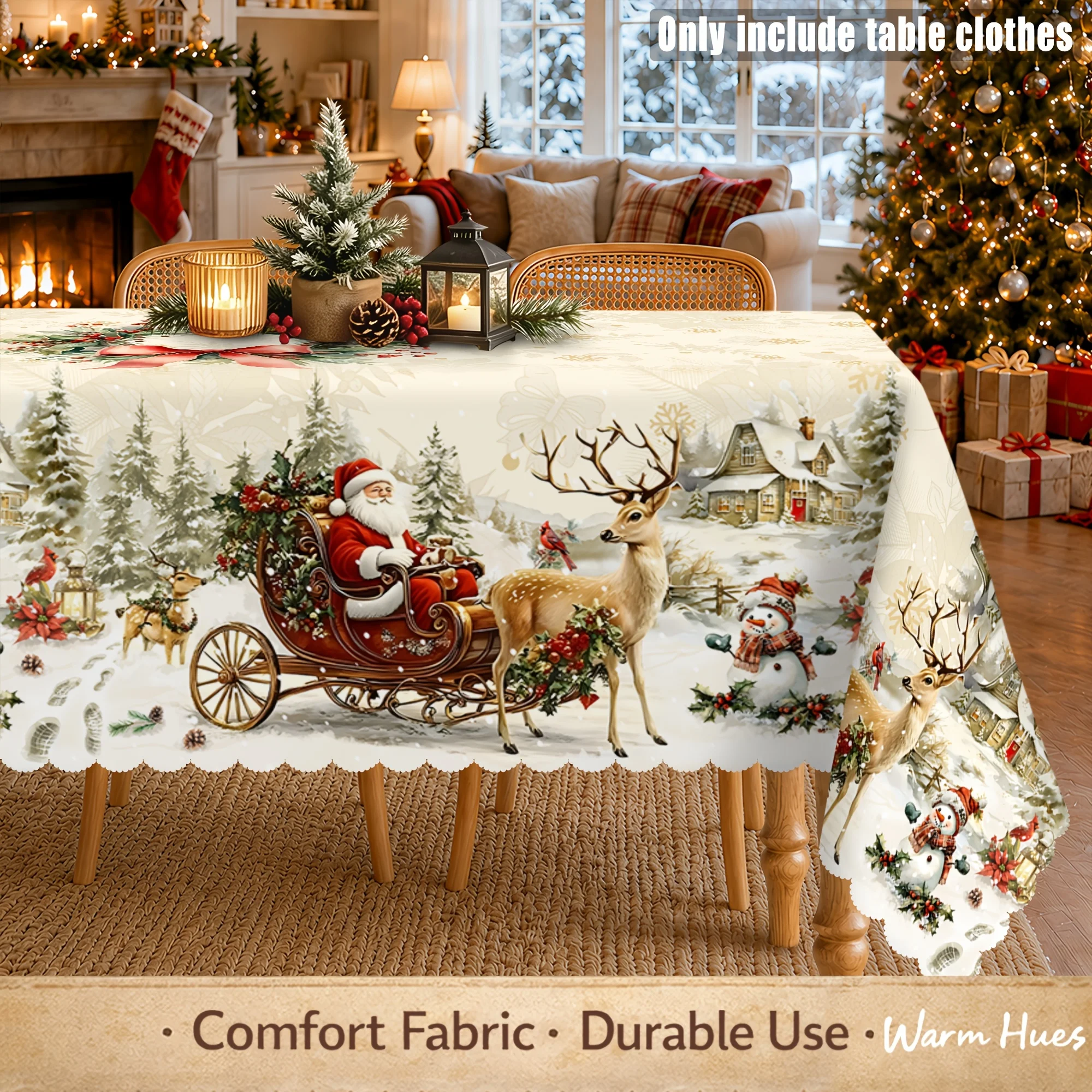 One vintage Christmas tablecloth with a snowman and farmhouse design - bow-shaped Christmas garland