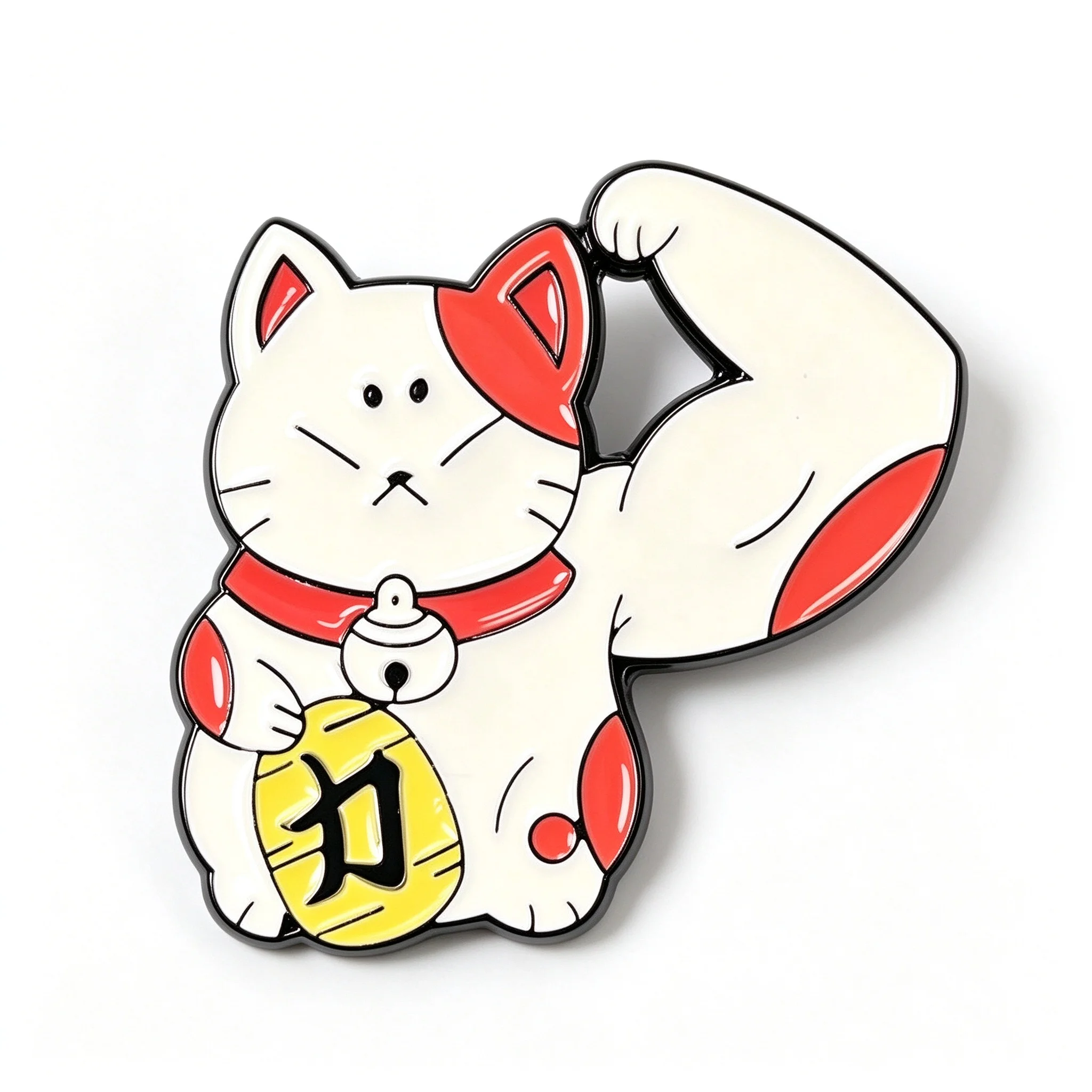Muscular Lucky Maneki Neko Cat Flexing Bicep Red White Enamel Brooch, Bell Strength Coin, Power Badge for Backpack, Funny Gift,