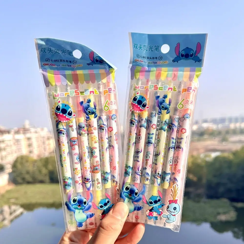 6 قطعة ليلو وستيتش ستيتش برأسين هيغليغتر الكرتون قلم تحديد الطلاب مفتاح الكتابة القلم الكتابة على الجدران أقلام القرطاسية