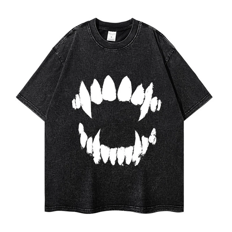 

100% Cotton Sharp Teeth Vintage Shirt Gothic Maiden Washed Tee Loose Round Neck Casual T-Shirt Y2K Harajuku 2023 Style