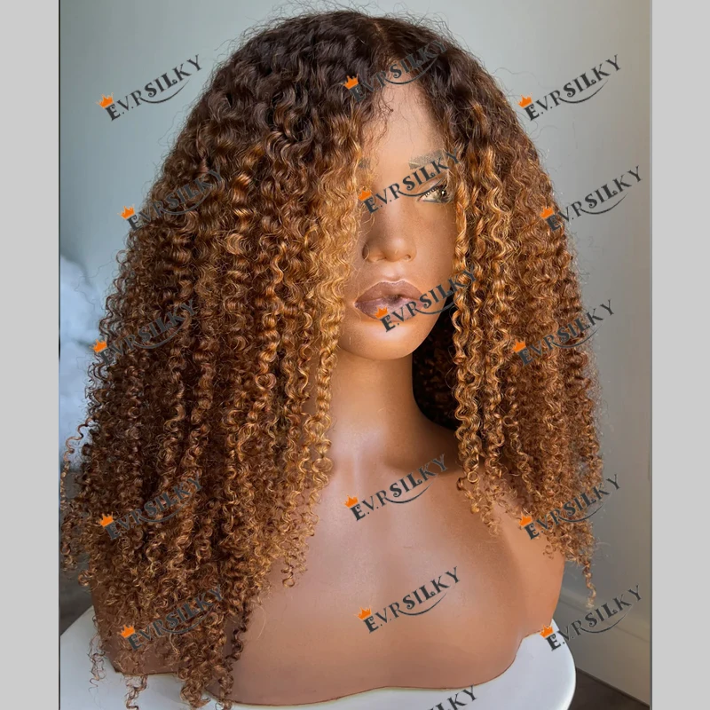 Full Lace 180Density Human Hair Black Women Ombre 3B 3C Kinky Curly Wigs Natural Hairline Broen Roots Copper Shimmer Lace Wigs