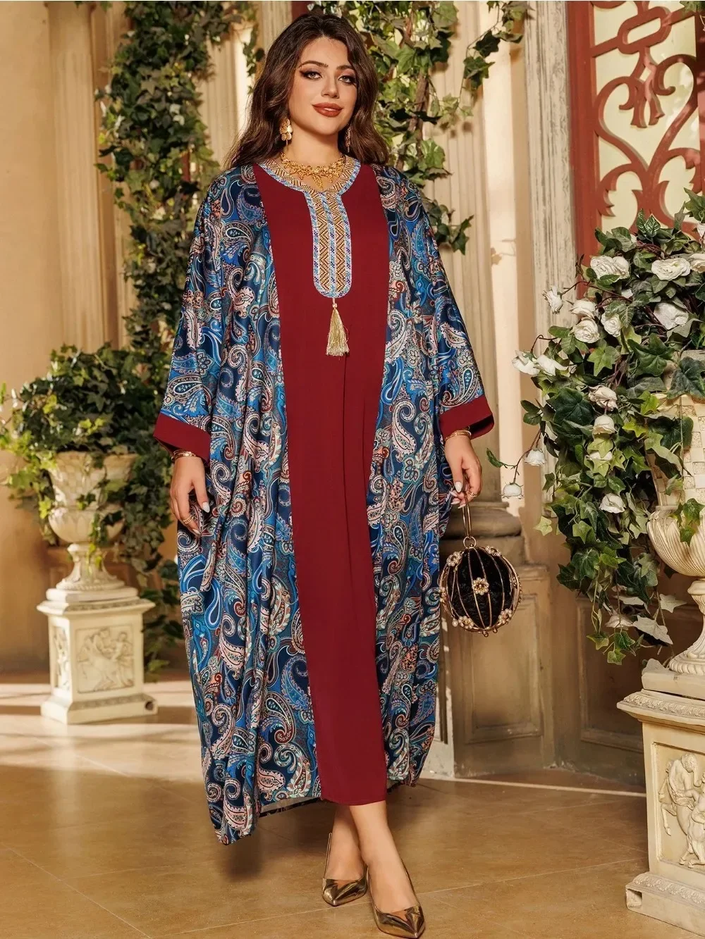 Eid Muslim Dress Women Print Jalabiya Bat Sleeve Long Robe Abaya Diamond Party Dresses Ramadan Kaftan Islam Dubai Arab 2024