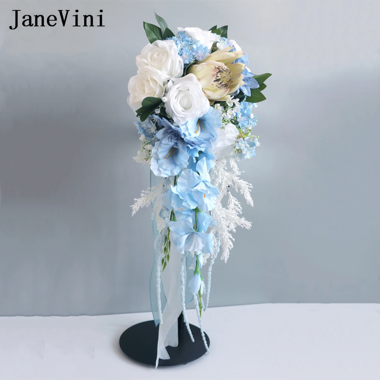 JaneVini 2024 Blue Flowers European Waterfall Wedding Bouquet Bride Cascading Artificial Silk Roses Bridal Bouquets Flor De Boda