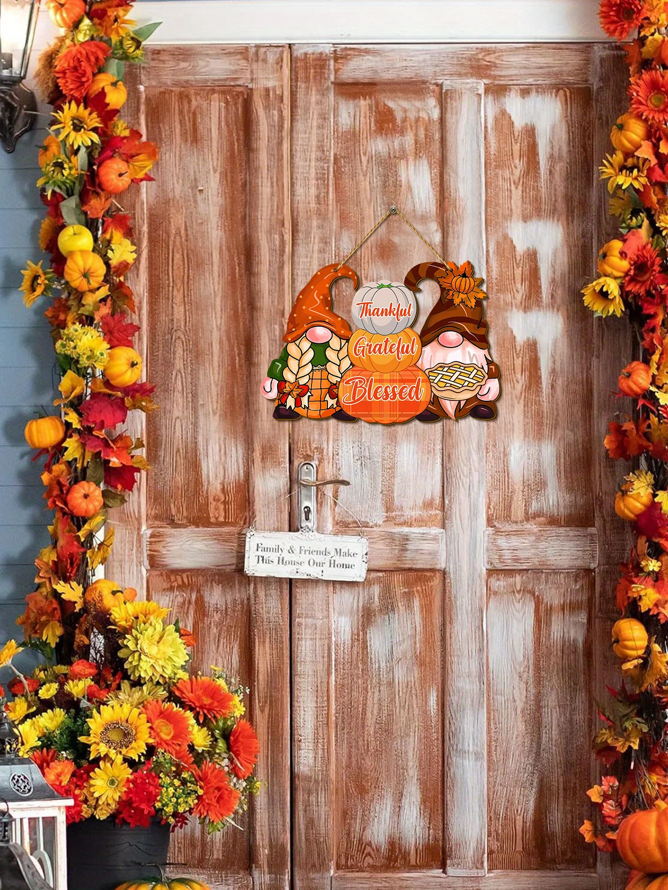 Thanksgiving Gnome Thankful Sign - Autumn Pumpkin Wood Hanging Decor For Farmhouse Porch, Thankful Blessed Decoration